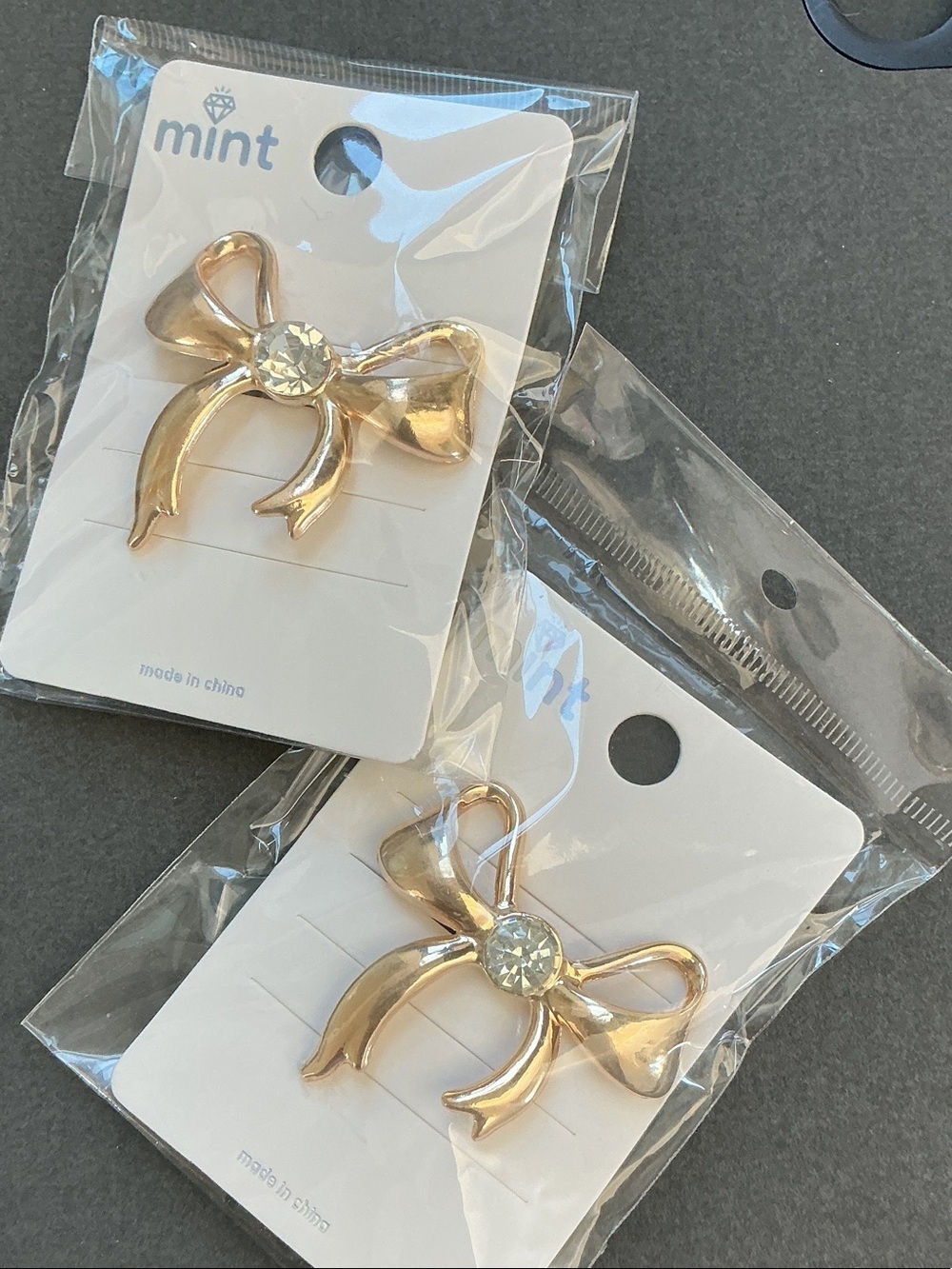 Mint Gold Bow Hair ties with Clear Crystal Center